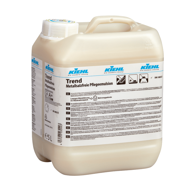 Une émulsion d'entretien sans sel métallique de 5L Kiehl Trend de Johannes Kiehl KG, emballée dans un carton avec 2 bouteilles, avec des bouchons à vis blancs et des étiquettes contenant des informations sur le produit, des symboles de sécurité et des instructions multilingues pour l'entretien des revêtements de sol.