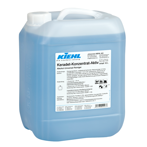 Un conteneur de 10 litres en plastique transparent avec poignée et bouchon à vis, rempli de liquide bleu. Étiquette : "Kiehl Keradet-Concentré-Actif Nettoyant Universel à l'Alcool" de Johannes Kiehl KG, pour un nettoyage sans traces, avec des indications et des symboles de sécurité.