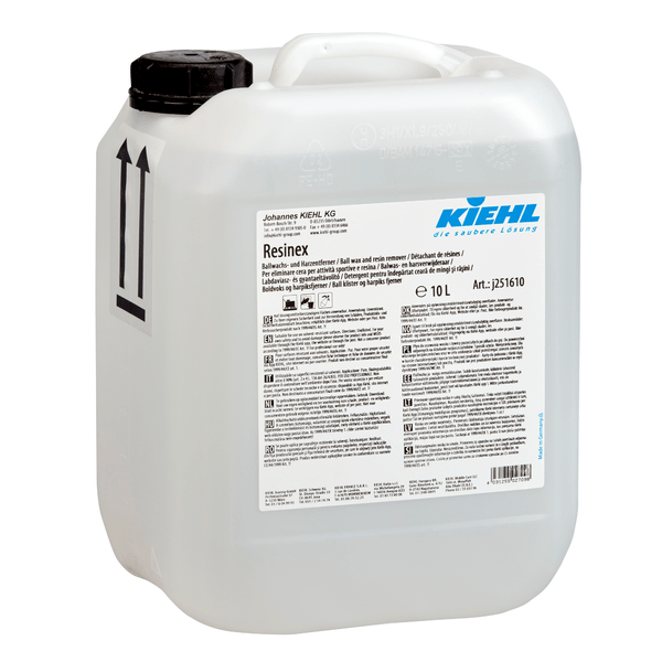 Un bidon de 10 litres en plastique blanc avec l'inscription "Kiehl Resinex Détachant de cire et de résine" de Johannes Kiehl KG, avec une grande poignée, un bouchon à vis noir, un mode d'emploi multilingue et deux flèches noires sur le côté.