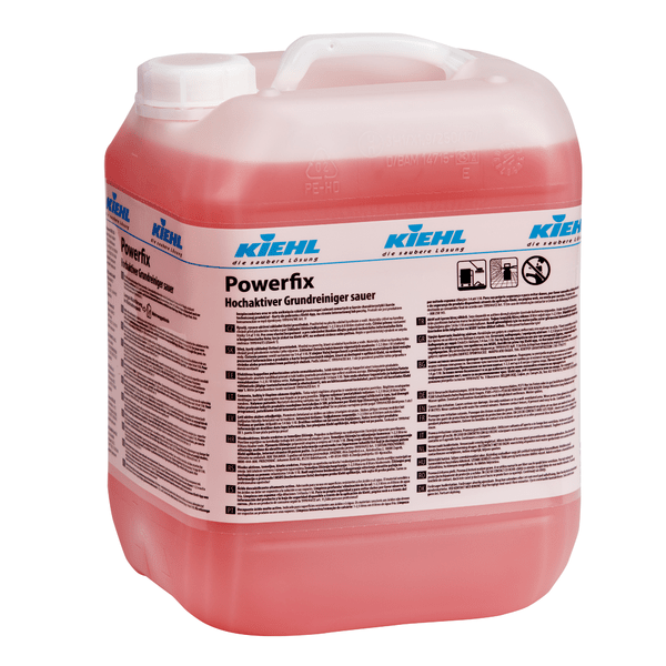 Un grand récipient en plastique transparent avec poignée, rempli de liquide rouge. Étiquette : "Kiehl Powerfix Nettoyant puissant acide" de la société Johannes Kiehl KG ; pour le nettoyage professionnel et le détartrage, avec des symboles de sécurité et des instructions d'utilisation.