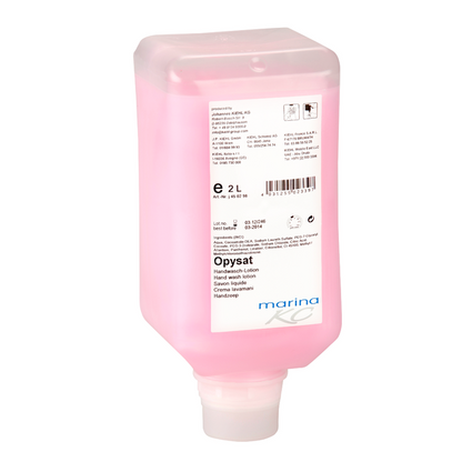 Une bouteille distributrice rectangulaire de 2 litres de la lotion pour lavage des mains Kiehl Opysat de Johannes Kiehl KG, remplie de savon pour les mains rose et pH neutre, étiquetée avec les détails du produit et des instructions de soin des mains multilingues.