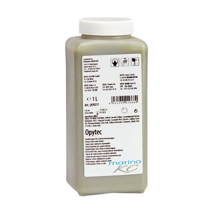 Bouteille rectangulaire en plastique de 1L avec bouchon à vis contenant le nettoyant pour les mains Kiehl Opytec pour salissures grossières de Johannes Kiehl KG. L'étiquette à l'avant contient des détails sur le produit, des instructions et des informations sur le fabricant en plusieurs langues.