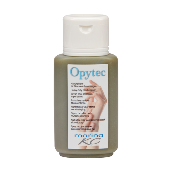 Une bouteille en plastique de Johannes Kiehl KG avec un bouchon blanc et l'inscription "Kiehl Opytec Nettoyant pour les mains pour salissures grossières" porte une étiquette multilingue "marina KC" sur un fond clair.