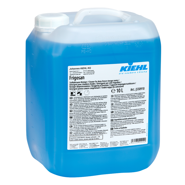 Un bidon de 10 litres de nettoyant pour chambre froide Kiehl Frigosan de Johannes Kiehl KG, rempli de liquide bleu, translucide. L'étiquette contient des instructions, des avertissements et des informations multilingues.