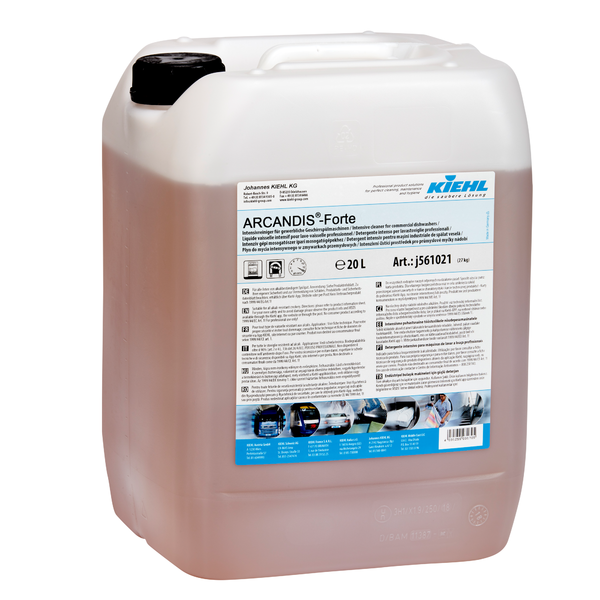 Ein 20-Liter-Kunststoffbehälter Kiehl ARCANDIS-Forte Intensivreiniger für gewerbliche Geschirrspülmaschinen der Johannes Kiehl KG mit weißem Griff und einem detaillierten Frontetikett mit Anweisungen und Bildern.