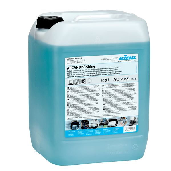 Un récipient de 20 litres en plastique transparent, rempli de liquide bleu avec l'inscription "Kiehl ARCANDIS-Shine Rinçage Neutre" de Johannes Kiehl KG, avec une brillance sans traces pour lave-vaisselle, informations sur le produit, mode d'emploi et images de soins.