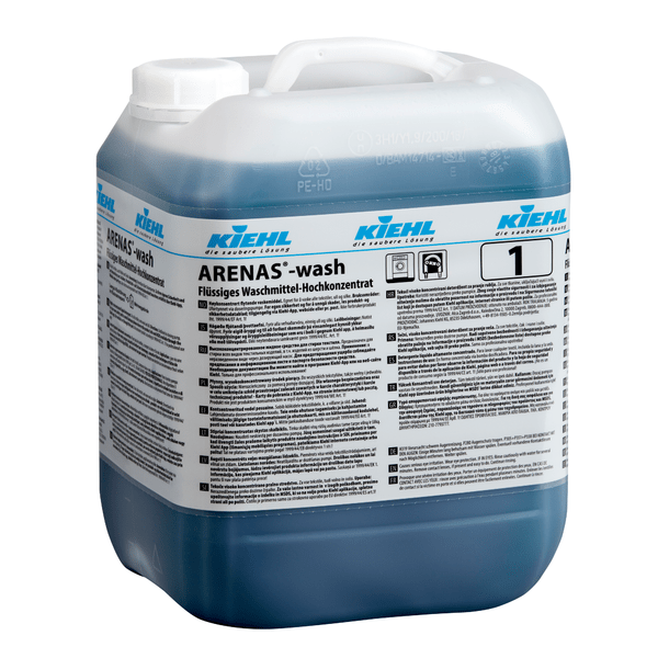 Un conteneur en plastique de 10 litres de Kiehl ARENAS-wash Détergent liquide de la société Johannes Kiehl KG, avec un liquide bleu et une étiquette multilingue. Cette formule sans phosphate assure un détachage efficace.