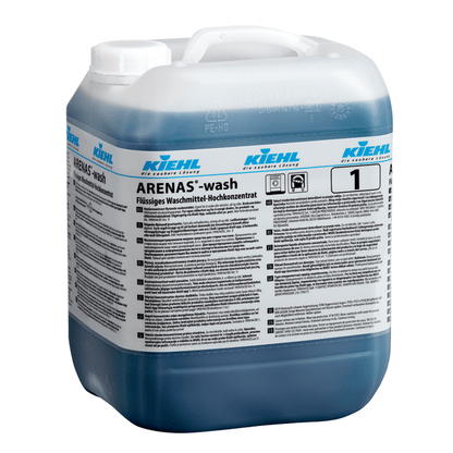 Un conteneur en plastique de 10 litres de Kiehl ARENAS-wash Détergent liquide de la société Johannes Kiehl KG, avec un liquide bleu et une étiquette multilingue. Cette formule sans phosphate assure un détachage efficace.