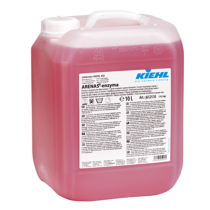 Un contenant de 10 litres en plastique transparent avec Kiehl ARENAS-enzyma, un détergent liquide enzymatique de Johannes Kiehl KG, avec des informations sur le produit et des instructions d'utilisation pour un détachage efficace sur une étiquette frontale blanche.