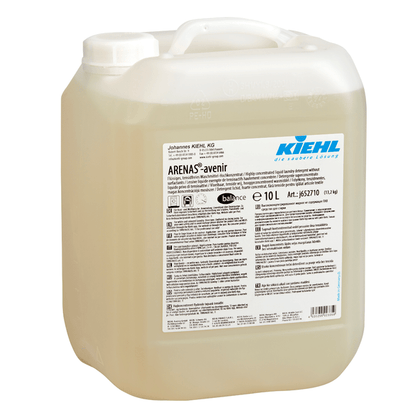 Un conteneur en plastique de 10 litres du détergent liquide sans tensioactifs Kiehl ARENAS-avenir de Johannes Kiehl KG, avec un couvercle blanc, un corps translucide et plusieurs étiquettes et instructions sur le devant.