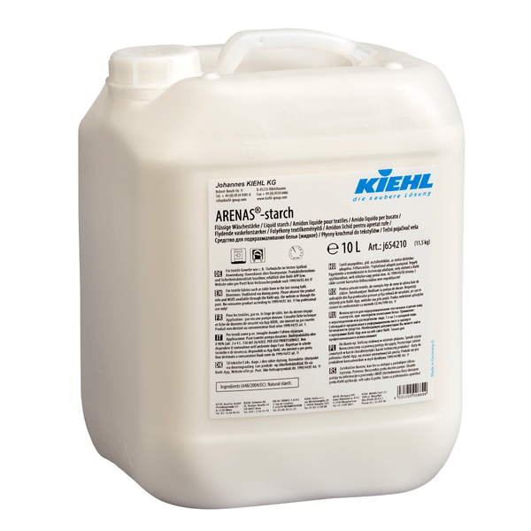 Un conteneur de 10 litres en plastique blanc avec l'inscription "Kiehl ARENAS-Stärke Amidon liquide pour linge" de Johannes Kiehl KG contient de l'amidon liquide pour un linge parfaitement repassé.