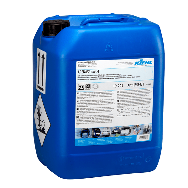 Un bidon bleu de 20 l de Johannes Kiehl KG avec l'inscription "Kiehl ARENAS-exet 4 Détachant de taches de couleur et de moisissure", avec des informations sur le produit, des symboles de danger et des instructions d'utilisation sur le devant et sur le côté ; idéal pour enlever les taches de couleur et de moisissure.