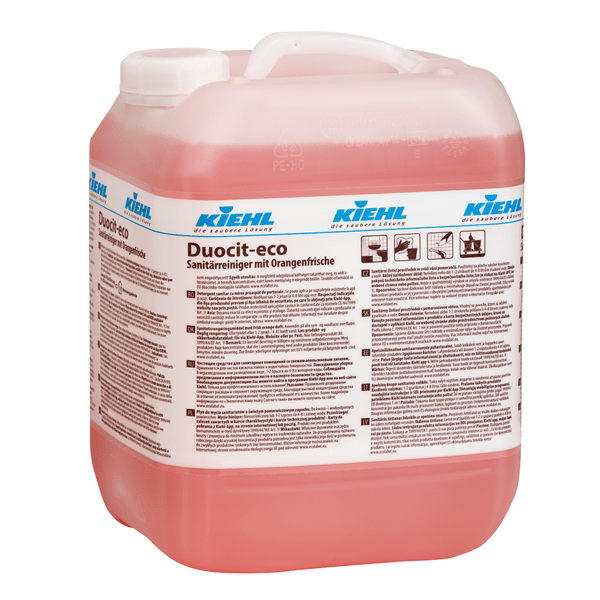 Un grand récipient en plastique transparent avec du liquide rose porte l'inscription "Kiehl Duocit-eco Nettoyant sanitaire à la fraîcheur d'orange" de Johannes Kiehl KG et à l'avant des informations sur le produit et des conseils de nettoyage écologiques en langue allemande.