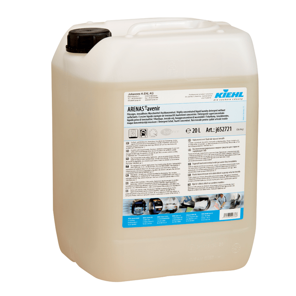 Un conteneur en plastique de 20 litres du détergent liquide sans tensioactifs Kiehl ARENAS-avenir de Johannes Kiehl KG, écologique, avec un couvercle noir et une étiquette blanche avec des informations produit multilingues et des instructions.