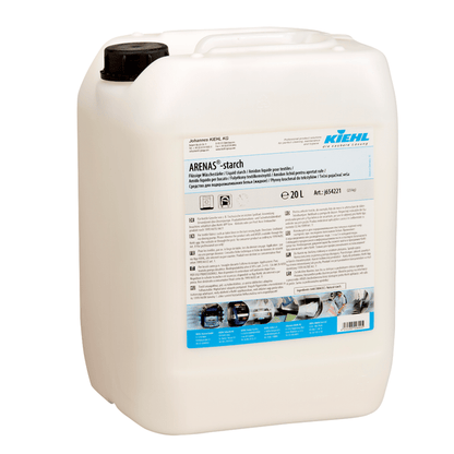 Un conteneur de 20 litres en plastique blanc avec un bouchon à vis noir et l'inscription "Kiehl ARENAS-Stärke Amidon liquide pour linge" de Johannes Kiehl KG. L'étiquette contient des informations sur le produit, des instructions d'utilisation et des pictogrammes. Doux pour les textiles.