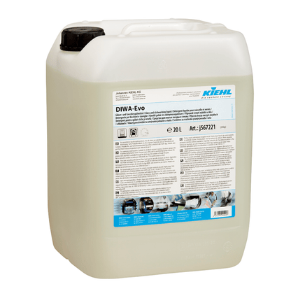 Un conteneur de 20 litres en plastique transparent avec un bouchon à vis noir, étiqueté "Kiehl DIWA-Evo détergent pour verres et vaisselle" de Johannes Kiehl KG. L'étiquette bleu-blanc-noir contient des instructions et des symboles de danger.