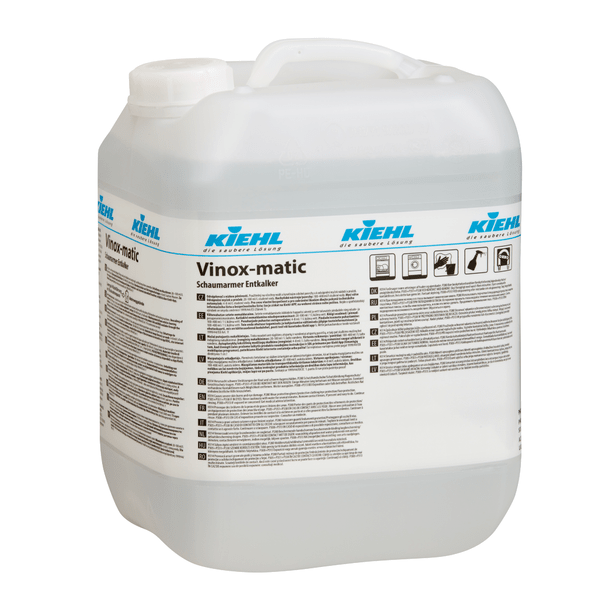Grand bidon transparent de 10 litres "Kiehl Vinox-matic Détartrant mousseux" de Johannes Kiehl KG avec bouchon à vis blanc et liquide clair. Avec des instructions détaillées et des consignes de sécurité - un détartrant professionnel pour un nettoyage efficace.