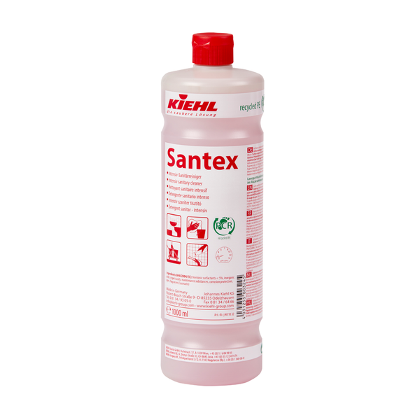 La bouteille en plastique de 1 000 ml du nettoyant sanitaire intensif Kiehl Santex de Johannes Kiehl KG a un bouchon rouge, une étiquette rouge avec des instructions d'utilisation, des pictogrammes et des informations sur le produit ainsi qu'un certificat vert et est un nettoyant sanitaire et détartrant efficace.