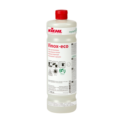 Une bouteille en plastique blanche de 1 litre avec l'inscription "Kiehl Xon-forte nettoyant mousse pour le secteur alimentaire" de Johannes Kiehl KG, avec texte multilingue et symboles de certification - idéale pour le nettoyage professionnel dans le secteur alimentaire.