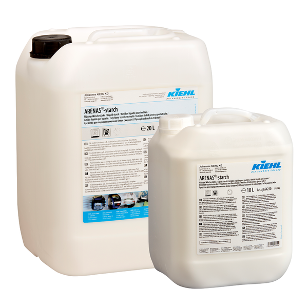 Zwei weiße Kunststoffbehälter (20L & 10L) der Kiehl ARENAS-Stärke Flüssige Wäschestärke der Johannes Kiehl KG mit Produktetikett und schwarzem Schraubverschluss stehen vor einem weißen Hintergrund für perfekt gebügelte Wäsche.