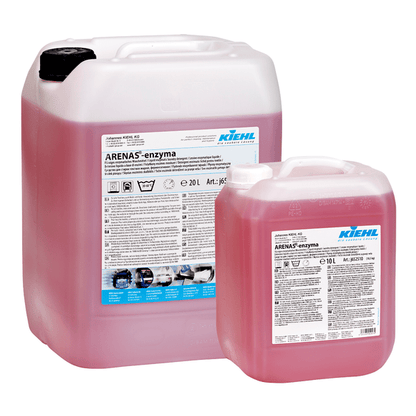 Deux contenants en plastique transparent, un de 20L et un de 10L, avec des couvercles noirs, remplis de Kiehl ARENAS-enzyma, un détergent liquide enzymatique rose de Johannes Kiehl KG. Les deux affichent des informations détaillées pour un détachage efficace.