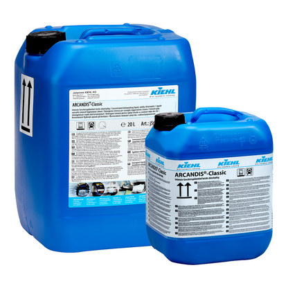 Zwei blaue Kunststoffbehälter - ein großer und ein kleiner - des ARCANDIS-Classic Intensiv-Geschirrspülmittels der Johannes Kiehl KG, leicht chlorhaltig; beide mit schwarzem Deckel und detaillierten weißen Etiketten. Perfekt für professionelle Geschirrspülanlagen.