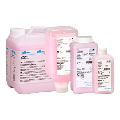 Quatre contenants de la lotion pour lavage des mains Kiehl Opysat de Johannes Kiehl KG (1-5L) avec un bouchon blanc et des étiquettes détaillées offrent un nettoyage doux des mains au pH neutre. La marque "Kiehl" est clairement visible sur chaque contenant.