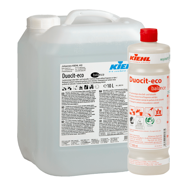 Un bidon transparent de 10L et une bouteille blanche de 1L de Kiehl Duocit-eco balance nettoyant sanitaire sans parfum ni colorant de Johannes Kiehl KG, tous deux avec un bouchon rouge et étiquetés avec des instructions d'utilisation et de sécurité.