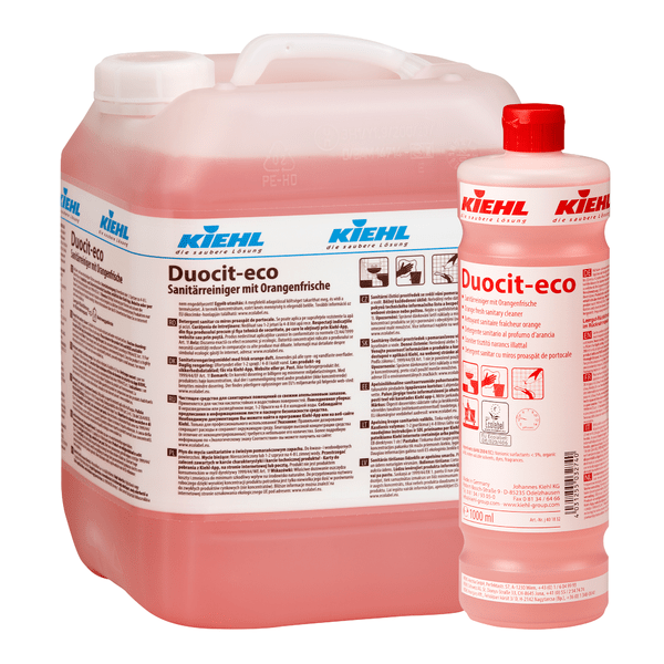 Deux récipients de Johannes Kiehl KG Kiehl Duocit-eco Nettoyant sanitaire à la fraîcheur d'orange, un grand et un petit, sont remplis de liquide rouge et ont des étiquettes blanches et des bouchons rouges - idéal pour un nettoyage écologique.
