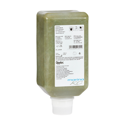 Une bouteille rectangulaire de 2 litres du nettoyant pour les mains verdâtre Kiehl Opytec pour salissures grossières de Johannes Kiehl KG avec une étiquette d'information blanche et un large bouchon distributeur au fond contient un nettoyant pour les mains efficace pour les salissures tenaces.