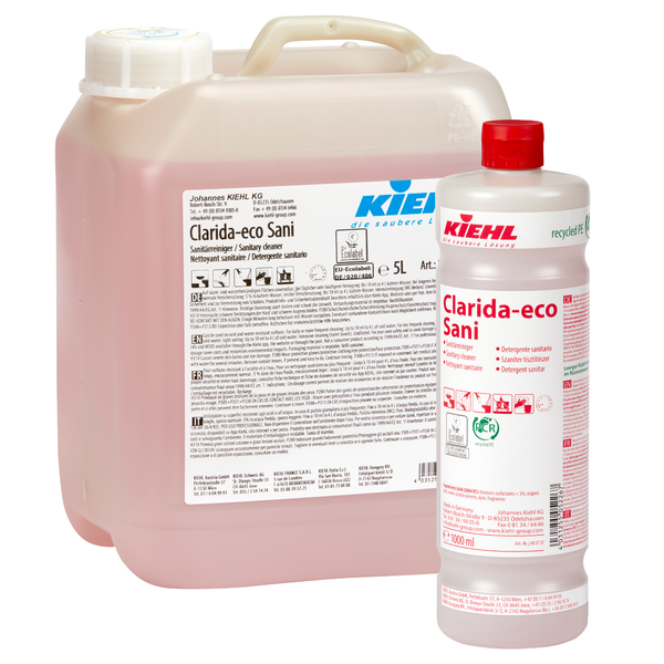 Deux récipients de Johannes Kiehl KG Kiehl Clarida-eco Sani Nettoyant Sanitaire : un bidon transparent de 5L avec un bouchon blanc et une étiquette, et une bouteille de 1L avec un bouchon rouge et une étiquette blanche/rouge, tous deux contenant un liquide rose.
