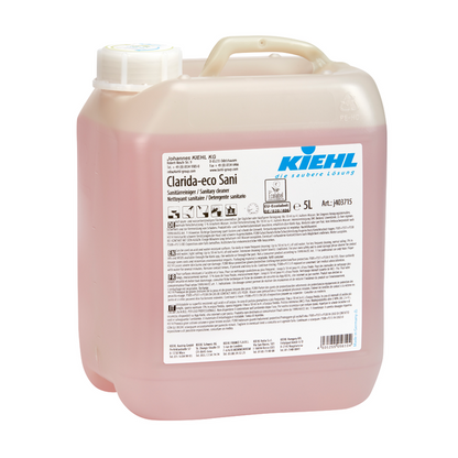 Le récipient en plastique de 5 litres du nettoyant sanitaire Kiehl Clarida-eco Sani de Johannes Kiehl KG a un bouchon à vis blanc, une étiquette frontale et contient un liquide rose pour le nettoyage écologique et efficace des zones sanitaires.
