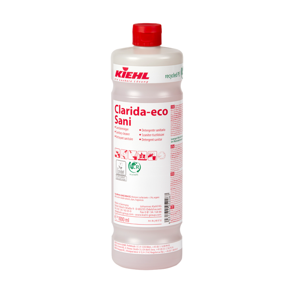 La bouteille en plastique blanche "Kiehl Clarida-eco Sani Nettoyant Sanitaire" de Johannes Kiehl KG a une capacité de 1 000 ml, est dotée d'écritures rouges et de pictogrammes, et porte des informations de recyclage et de sécurité sur l'étiquette.