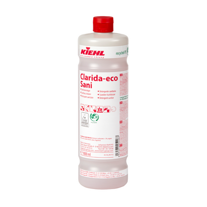 La bouteille en plastique blanche "Kiehl Clarida-eco Sani Nettoyant Sanitaire" de Johannes Kiehl KG a une capacité de 1 000 ml, est dotée d'écritures rouges et de pictogrammes, et porte des informations de recyclage et de sécurité sur l'étiquette.