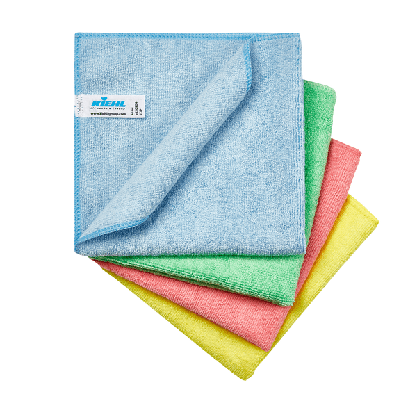 Quatre chiffons de nettoyage en microfibre Kiehl (38 x 38 cm, 300 g/m², en vrac) de la société Johannes Kiehl KG dans les couleurs bleu, vert, rose et jaune sont déployés ; le dessus est plié de manière à ce que son dessous et une étiquette blanche avec du texte soient visibles.