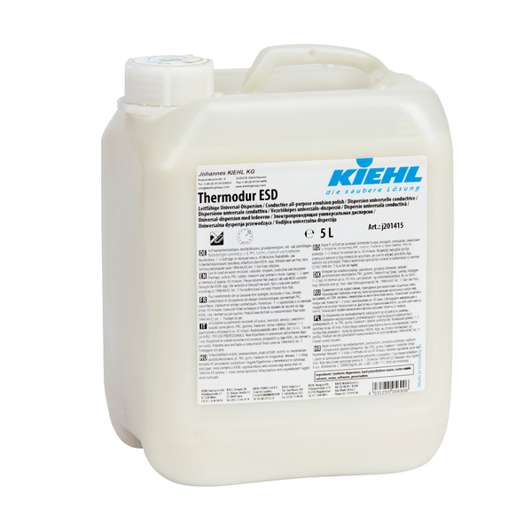 Un bidon en plastique blanc de 5 litres avec l'inscription "Kiehl Thermodur ESD Dispersion Universelle Conductrice" (Johannes Kiehl KG), conçu pour les sols ESD. L'étiquette allemande comprend des instructions d'utilisation et des informations de sécurité. Vendu dans un carton avec 2 bouteilles.