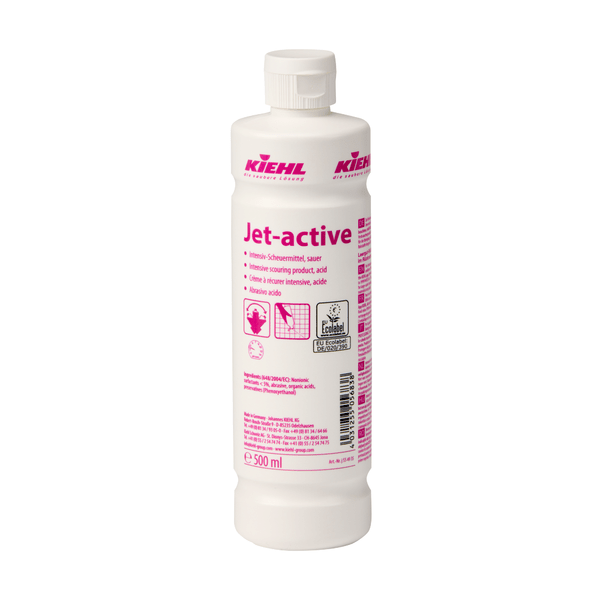 Kiehl Jet-active Intensif-décapant, acide, de Johannes Kiehl KG, 500 ml, bouteille en plastique blanc, avec texte rose et avertissements de sécurité sur l'étiquette ; adapté pour la saleté tenace. La bouteille a un bouchon blanc. Disponible en carton de 12.