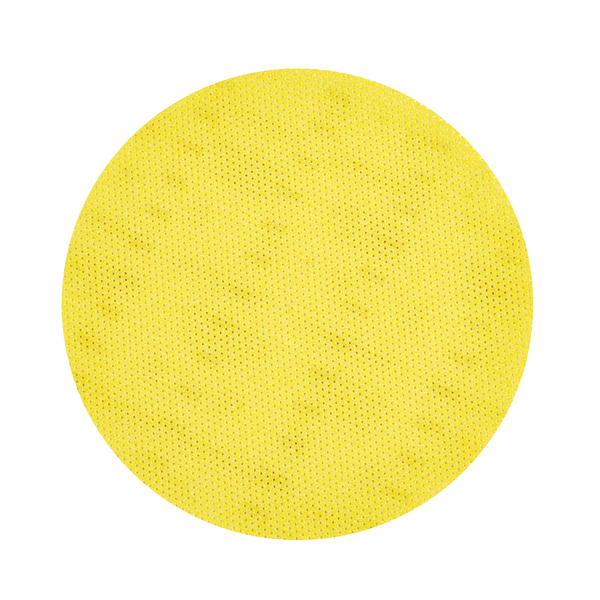 Un grand cercle jaune uni avec une structure subtilement pointillée - qui rappelle un disque abrasif Kiehl Woodmaster-Pad grain 100 de Johannes Kiehl KG - remplit le centre d'un fond blanc.