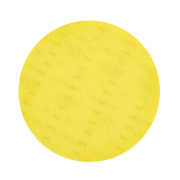 Ein gelbes, rundes Kiehl-Woodmaster-Pad Schleifpad der Johannes Kiehl KG mit Körnung 80 und feinem Punktmuster, 16 Zoll (40,6 cm) im Durchmesser, von oben auf weißem Grund dargestellt; Packung enthält 10 Stück.