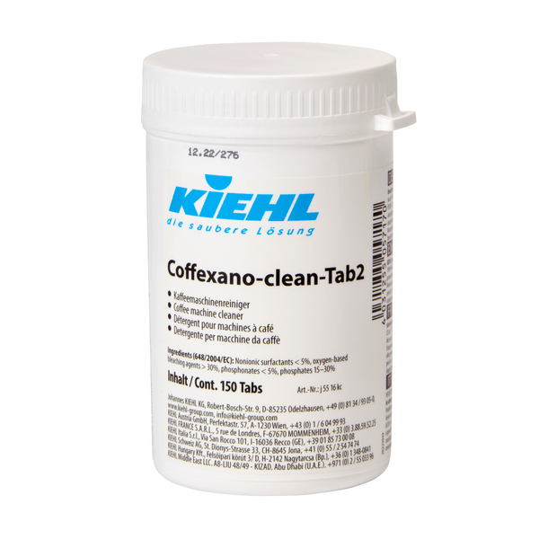 Un récipient en plastique blanc de Johannes Kiehl KG avec l'inscription "Kiehl Coffexano-cleanTab2 Nettoyant pour machines à café" contient 150 pastilles de nettoyage pour machines à café et inclut des descriptions en allemand, anglais et français avec un couvercle à vis.