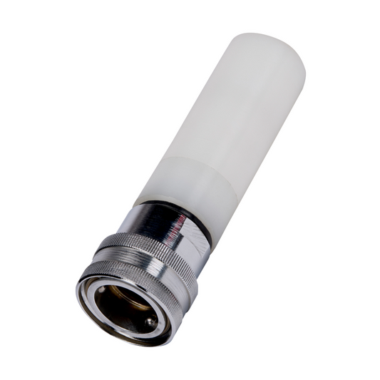 Eine Nahaufnahme eines Metall- und weißen Kunststoffadapters der Johannes Kiehl KG aus dem Kiehl Schaumaufsatz für LW FOC Sprühdüse (1 Stück), isoliert auf weißem Hintergrund.