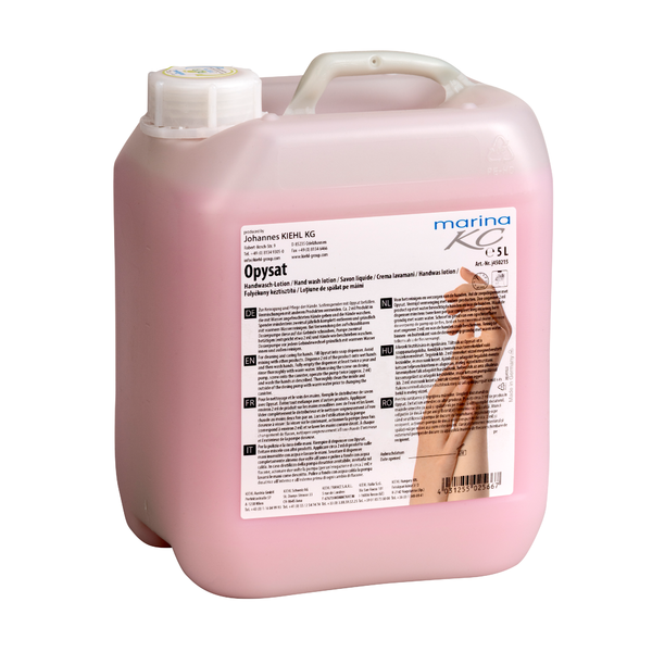 Dans un récipient en plastique rose de 5 litres avec un couvercle blanc, étiqueté en plusieurs langues, se trouve la lotion pour lavage des mains Kiehl Opysat de Johannes Kiehl KG, un savon au pH neutre pour un nettoyage doux des mains.
