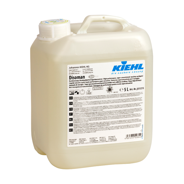 Le récipient en plastique de 5 litres du détergent à vaisselle haute performance Kiehl Disoman Superconcentré de Johannes Kiehl KG est doté d'une étiquette blanche avec des informations sur le produit et la marque, ainsi qu'un bouchon à vis et une poignée pour un nettoyage efficace.