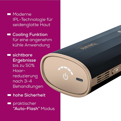 Un gros plan de l'appareil d'épilation IPL Beurer IPL 7800 COOL PRO de Beurer GmbH en noir et or. L'appareil est montré sous un angle pour mettre en évidence le bouton d'allumage, la fonction de refroidissement et le mode « Auto-Flash ». Du texte allemand autour de l'appareil décrit sa technologie moderne de lumière IPL et ses avantages.