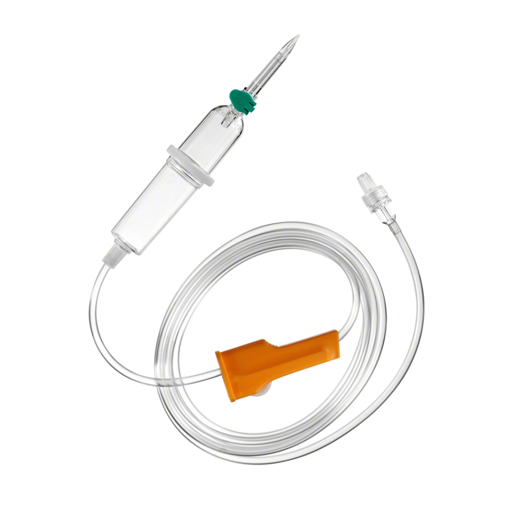 Le B. Braun Intrafix® Primeline 150 cm set de perfusion IV de B. Braun Deutschland GmbH & Co. KG offre une administration précise des médicaments avec une chambre transparente, un mandrin vert pour l'introduction de liquide, un régulateur de débit orange et un connecteur final. Il dispose d'un tuyau spiralé avec un filtre à particules avancé pour plus de sécurité.