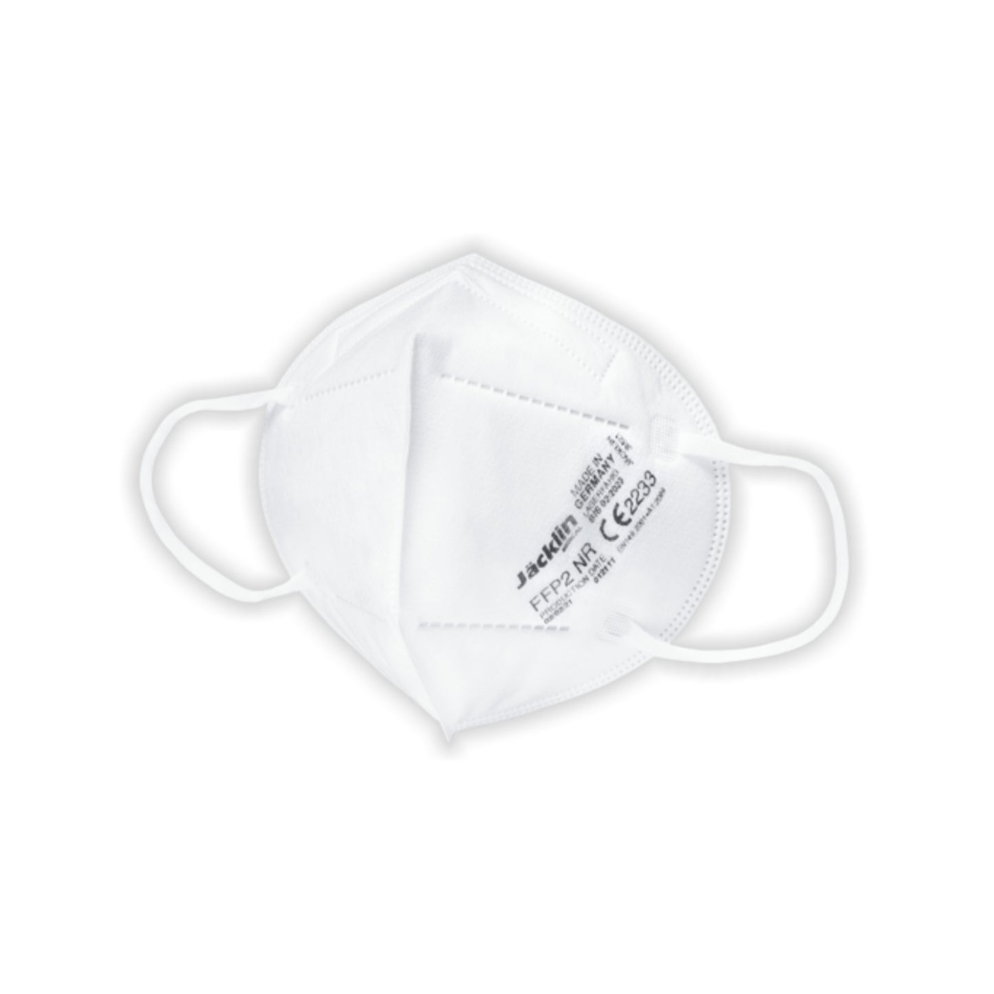 Le masque FFP2 Jäcklin Medical - 1 pièce est un masque facial jetable blanc avec des boucles d'oreille et un marquage de certification, fabriqué en Allemagne et illustré sur un fond blanc simple. Marque : Jäcklin Medical.