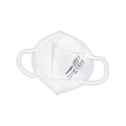 Le masque FFP2 Jäcklin Medical - 1 pièce est un masque facial jetable blanc avec des boucles d'oreille et un marquage de certification, fabriqué en Allemagne et illustré sur un fond blanc simple. Marque : Jäcklin Medical.
