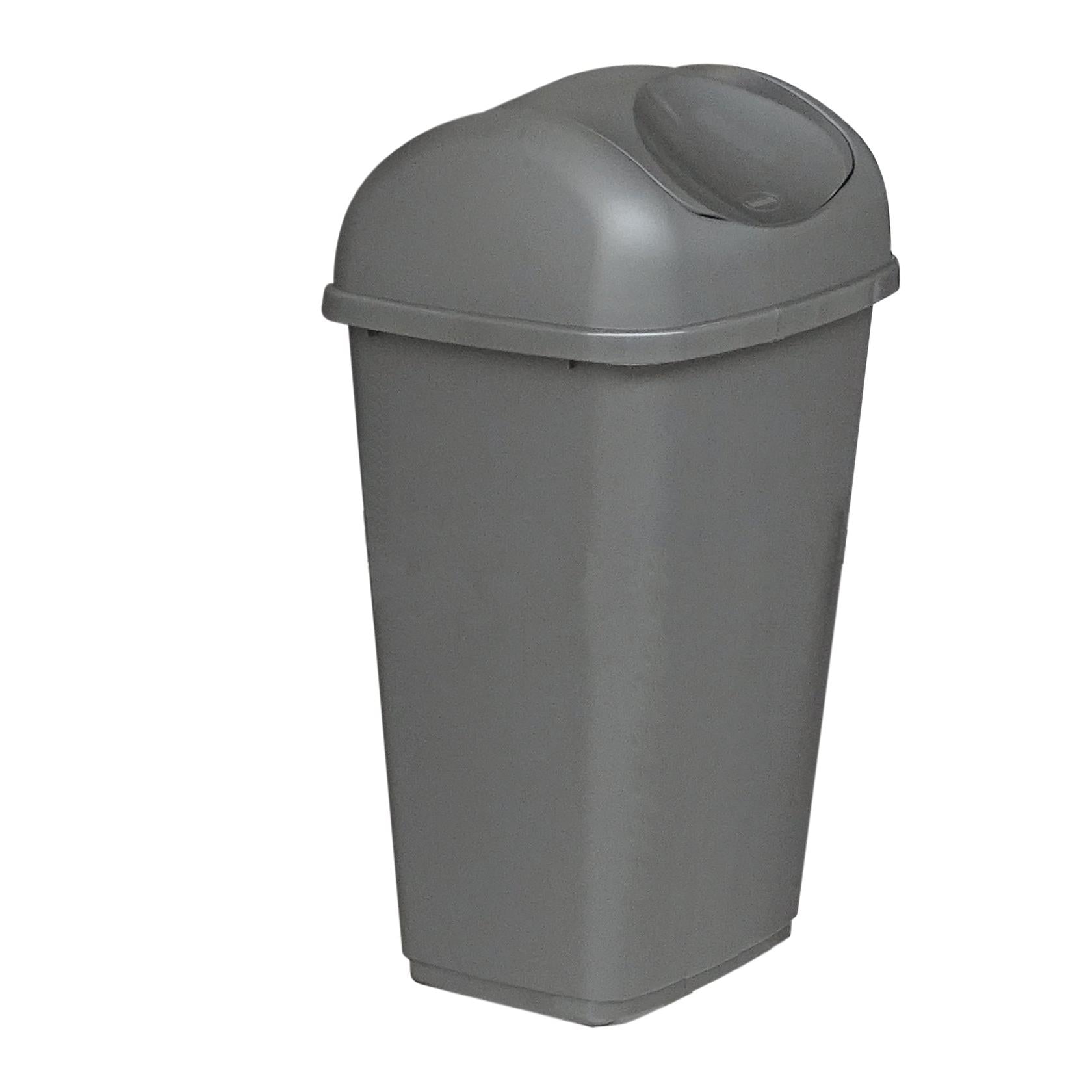Ein grauer Novocal Kunststoffabfallbehälter, 15 Liter mit Schwingdeckel, abgebildet auf weißem Hintergrund.