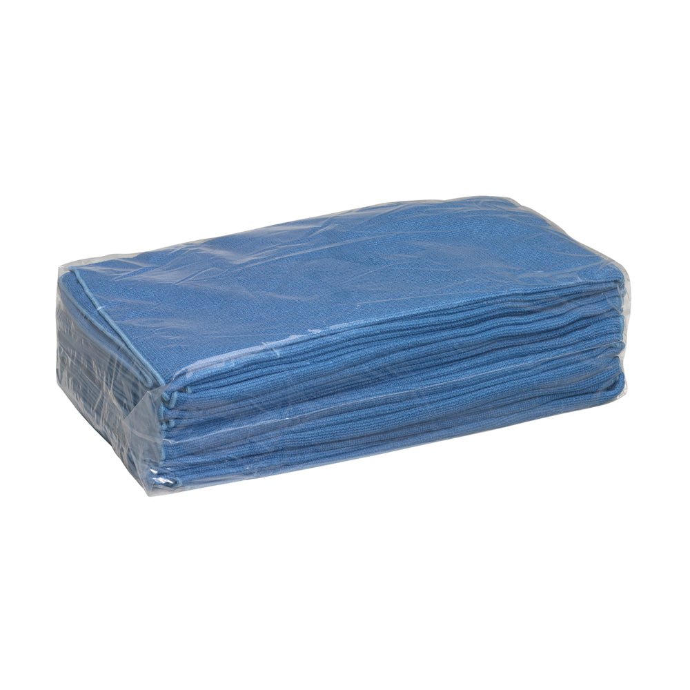 Une pile de chiffons de surface en microfibre Kimtech® bleus de Kimberly-Clark GmbH (1 carton x 25 feuilles) est soigneusement pliée et emballée dans du plastique transparent, illustrée sur fond blanc.