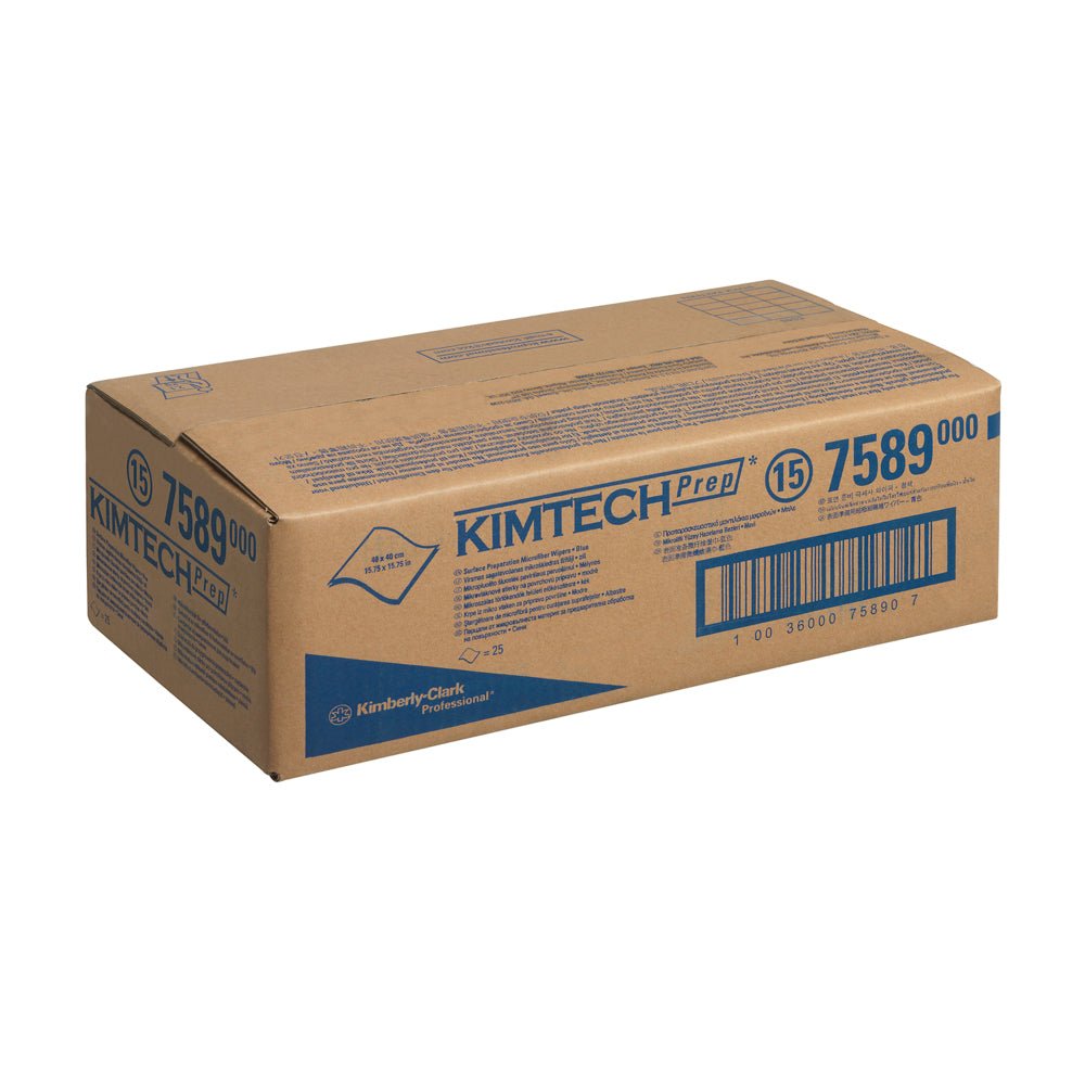 Un carton brun scellé portant l'inscription "Kimtech® chiffons de surface en microfibre - Bleu" de Kimberly-Clark GmbH, contient 1 carton de 25 feuilles, chiffons de nettoyage idéaux pour le nettoyage industriel des surfaces. Texte bleu et codes-barres apparaissent sur l'emballage.